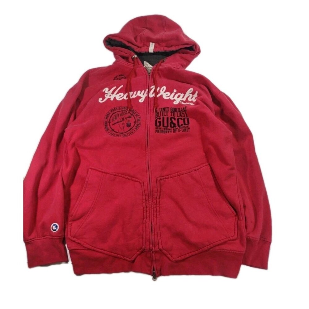 Vtg Y2K G Unit Hoodie Sz L Red Heavyweight Embroidered Full Zip Rap Faded Thrash